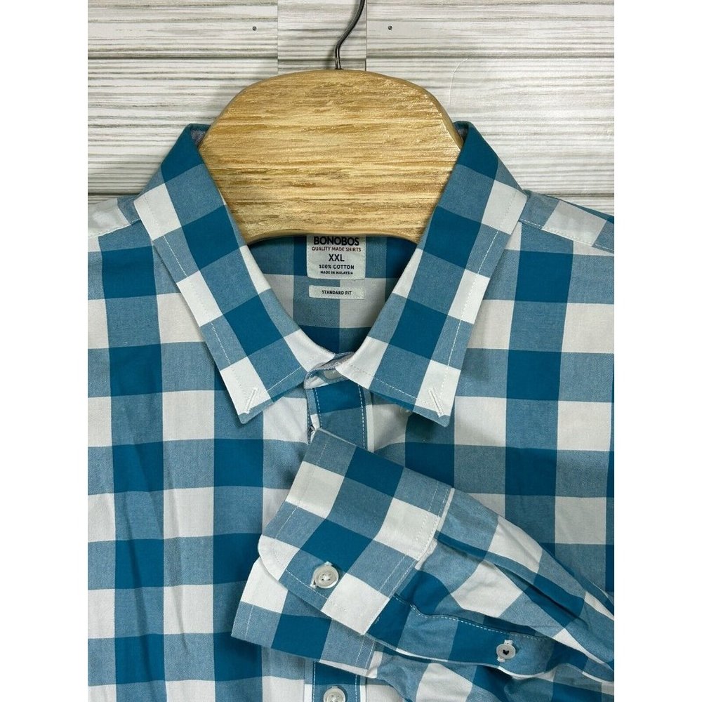 Bonobos Mens Slim Fit Shirt 2XL Blue‎ Check/Plaid Long Sleeve Button Down